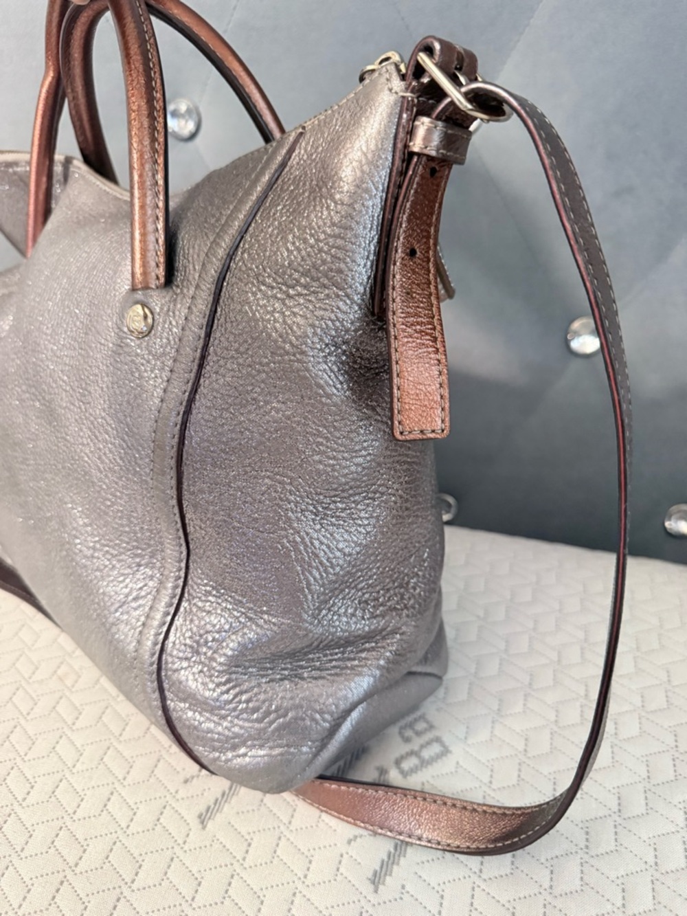 kate spade Metallic Gray Satchel with Brown Handles and Shoulder Strap - Picture 4 of 11